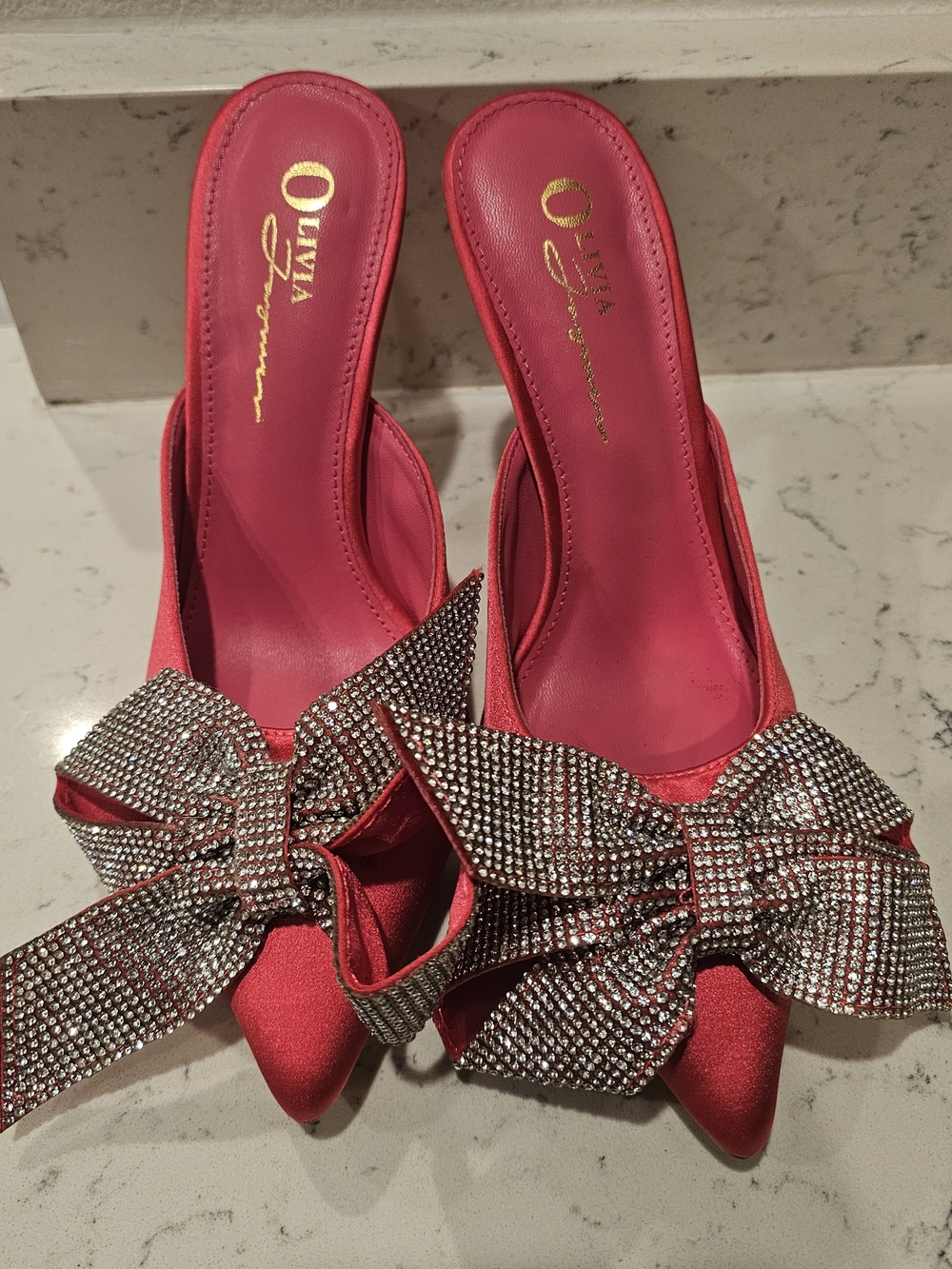 Olivia Jaymes Pink And Sparkly Bow High Heels Size 6